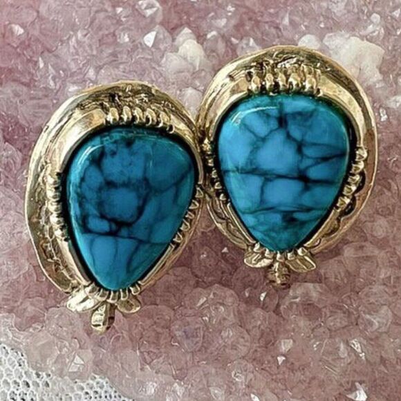 Vintage 60's 70's Signed Arthur Pepper ART Turquoise Teardrop Clip Earrings - Picture 3 of 11